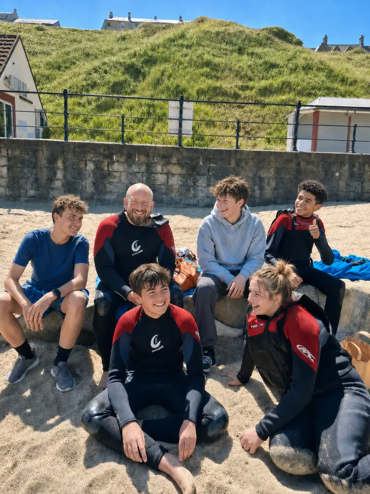 Students in wetsuits relaxing on the beach with Gavin