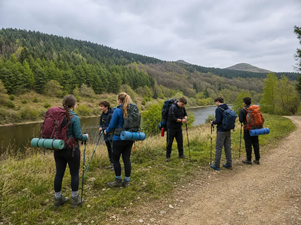 A group of students hiking beside a lake with backpacks