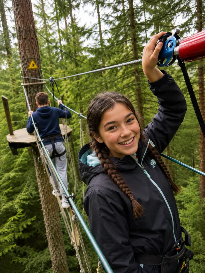 A smiling student on a treetop ropes course
